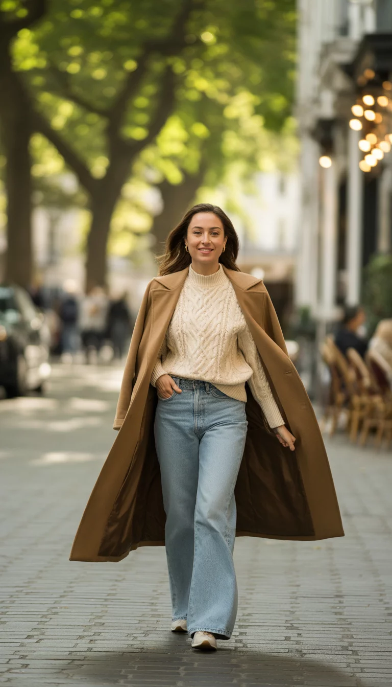 A beautiful 30-year-old woman in light wash flare jeans, a cream cable-knit sweater, and a tan overcoat, walking on a cobblestone street.