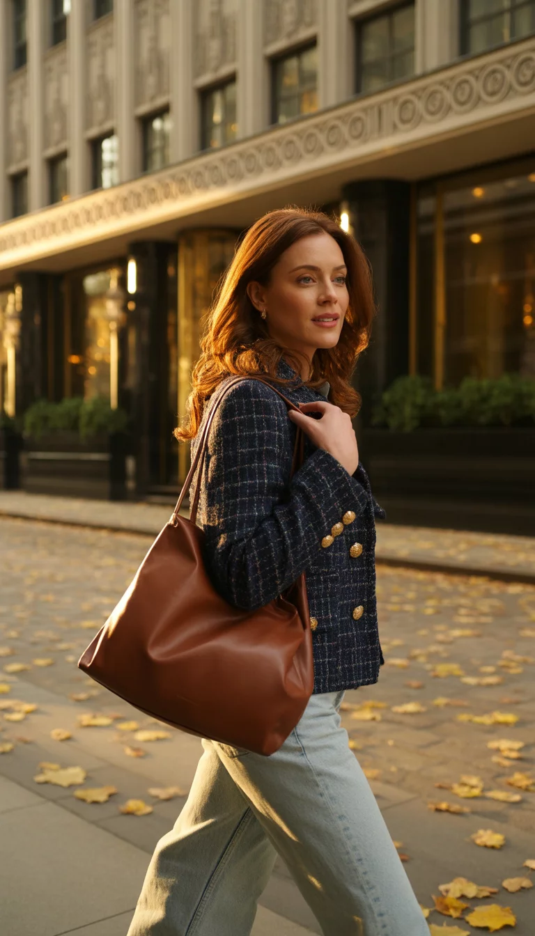 A beautiful 36-year-old woman in light wash jeans and a navy tweed jacket with gold buttons, carrying a brown leather handbag past a hotel.