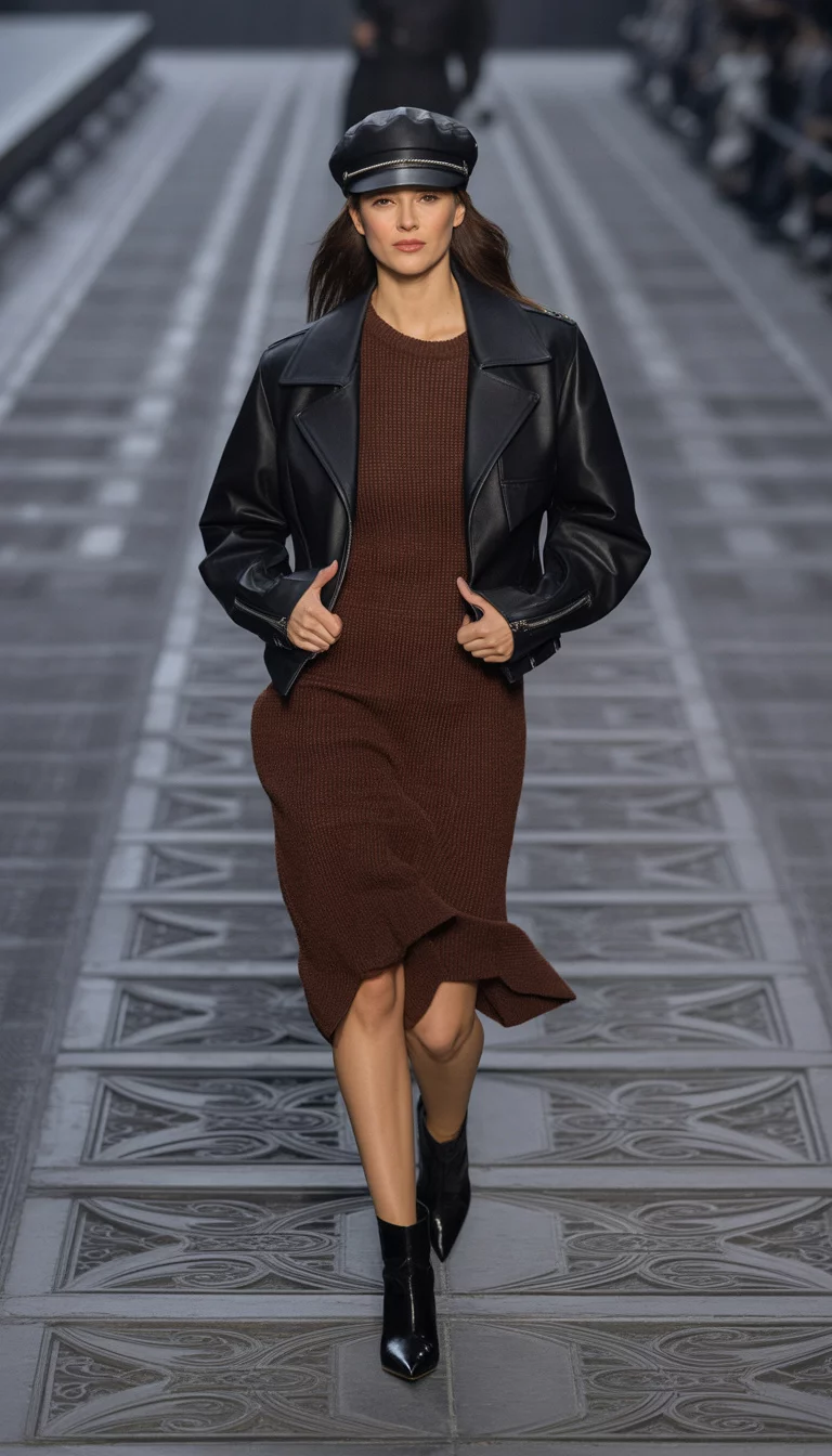 A beautiful 29-year-old woman in a brown knit dress, cropped leather jacket, leather cap, and pointed black boots, on a runway with ornate architectural elements.
