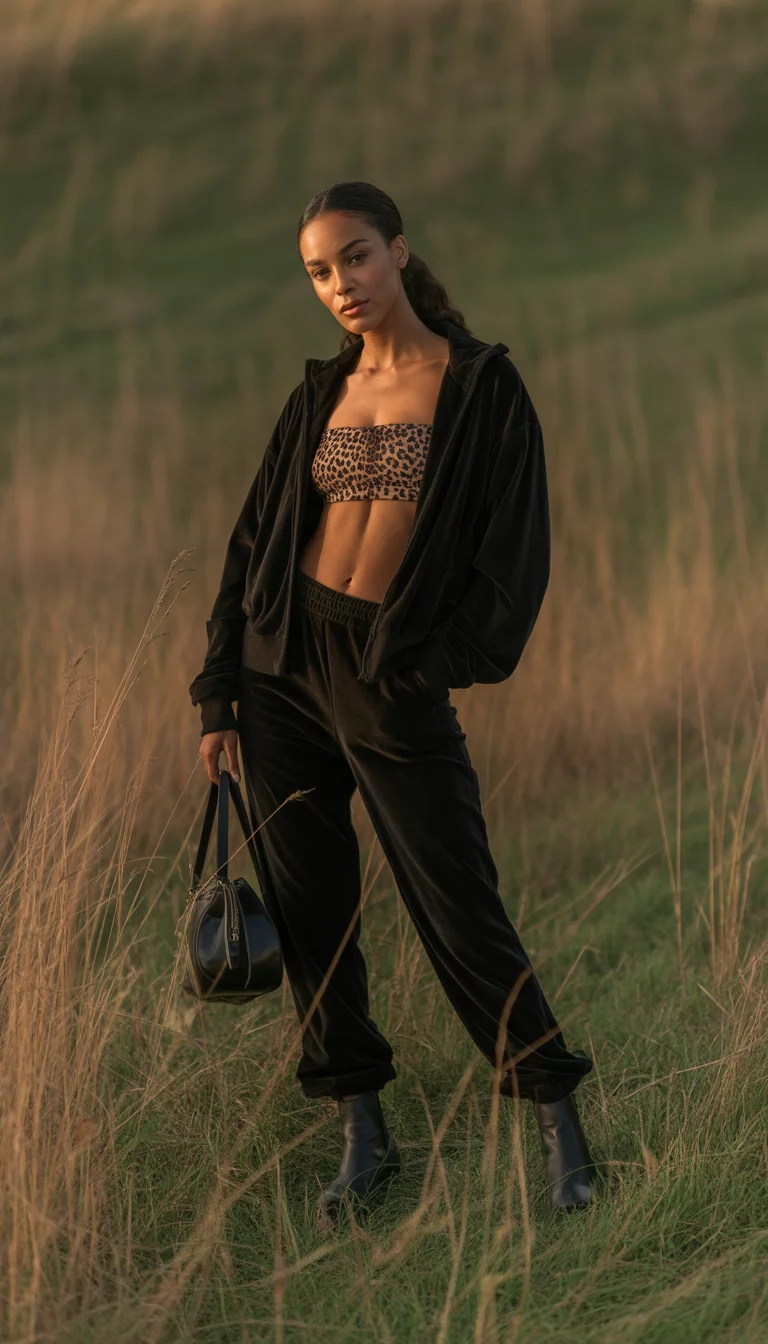 A beautiful 24-year-old woman in a black velour tracksuit, a leopard print bandeau, chunky black boots, and a black leather handbag, standing in a grassy outdoor field.