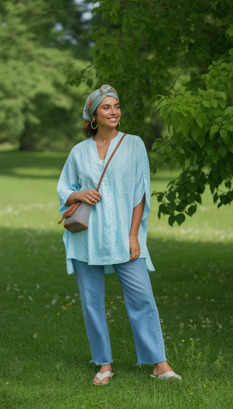A beautiful 30-year-old woman in a light blue printed tunic top, denim jeans, white flip-flops, a colorful headscarf, and a crossbody bag, standing in a green park.