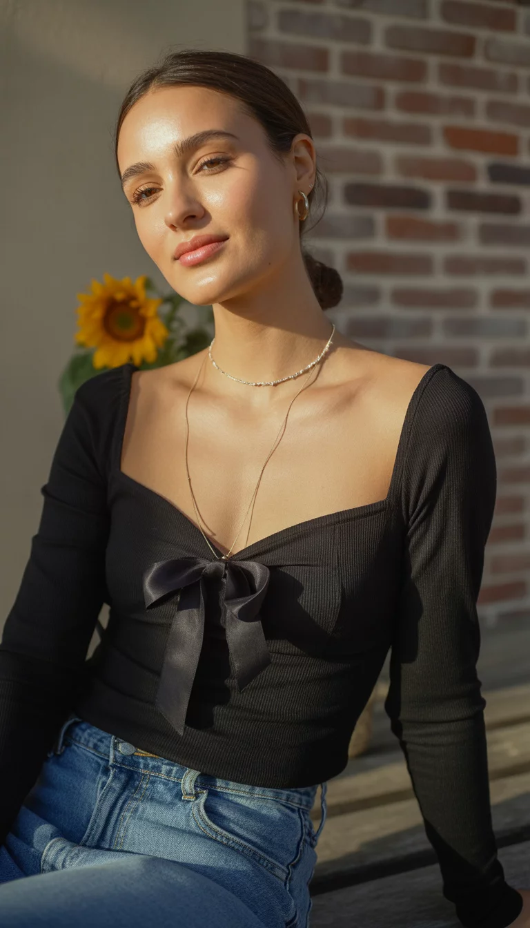 A beautiful 26-year-old woman in a black long-sleeved sweetheart neckline top with a small bow and a thin silver necklace, wearing blue jeans.