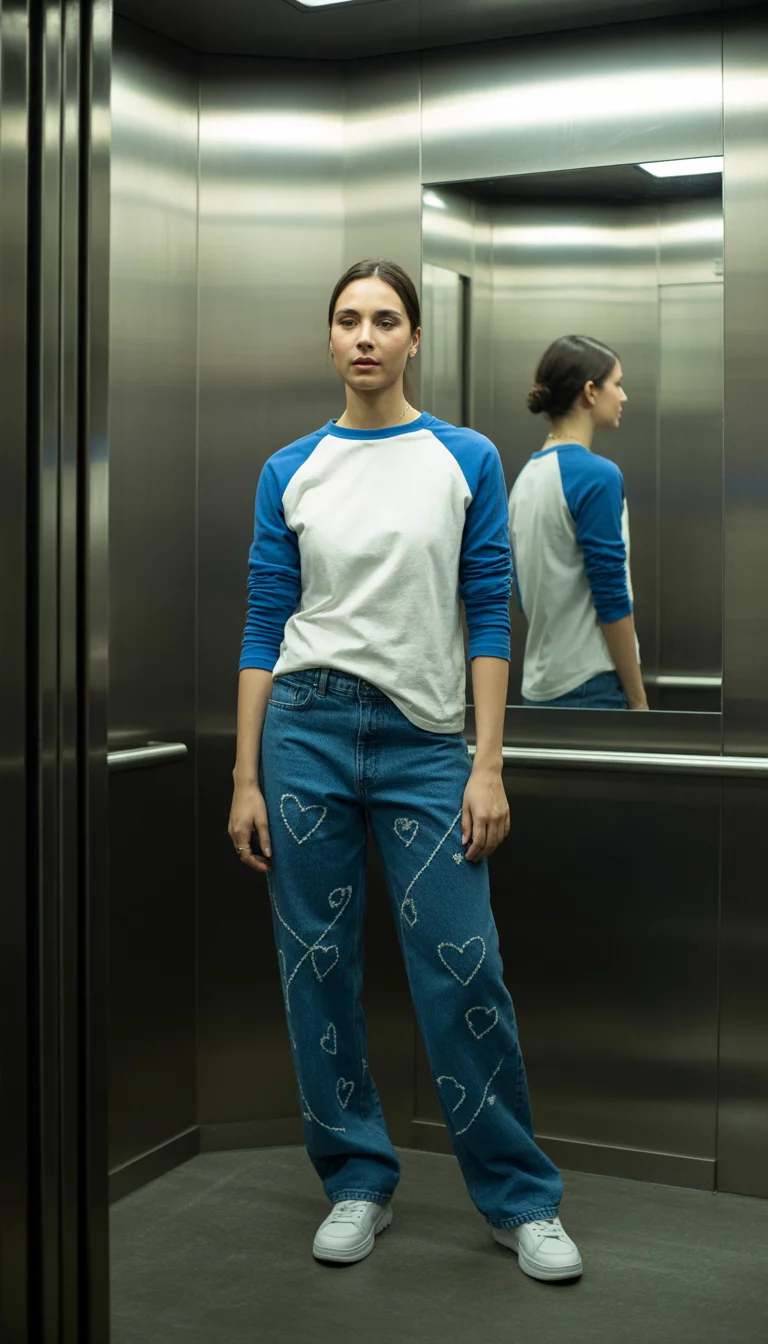 A beautiful 21-year-old woman in a white and blue raglan baseball tee, baggy blue jeans with light blue hearts, and white sneakers, posing inside a metallic elevator.