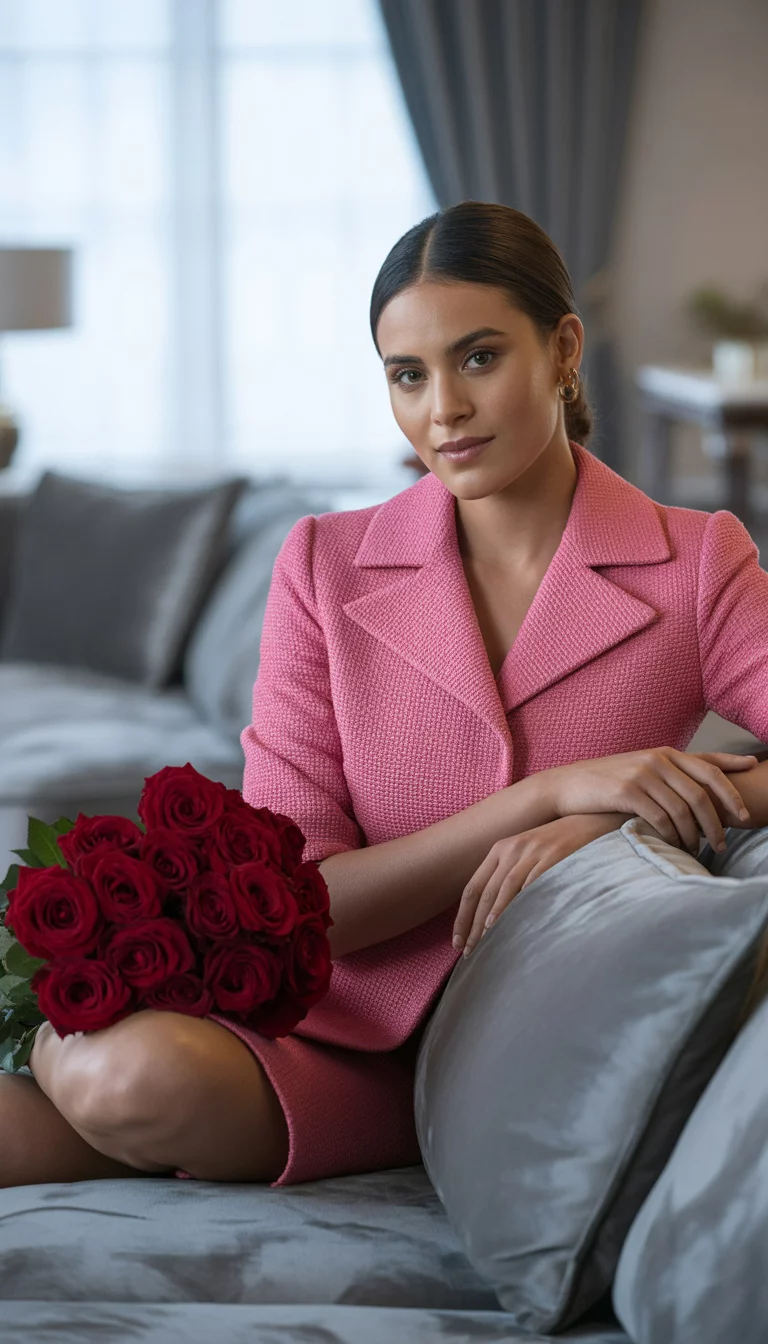 A beautiful 22-year-old woman in a textured pink collared jacket, a matching pink mini skirt, sitting on a grey couch next to a bouquet of red roses.