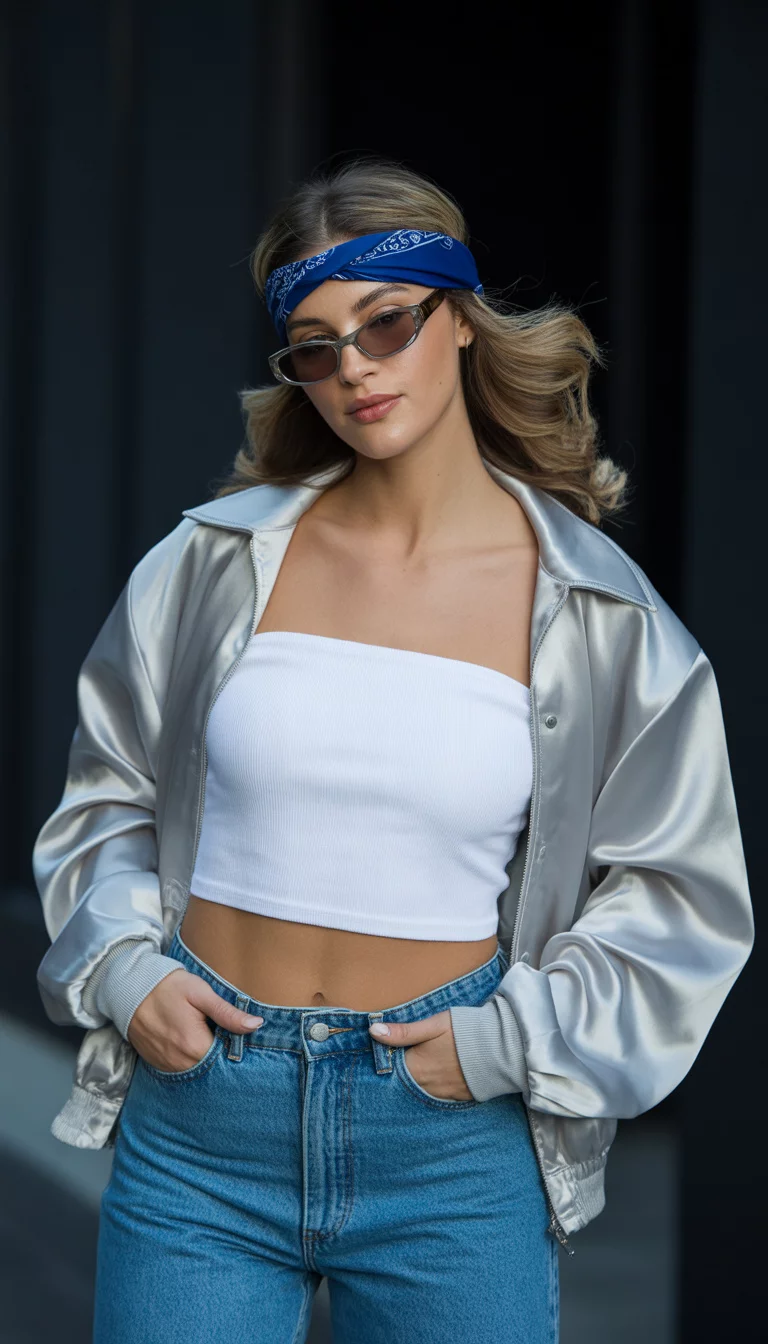 A beautiful 23-year-old woman in a white tube top, blue denim jeans, a silver satin baseball jacket, a blue bandana, and square sunglasses, against a dark backround.