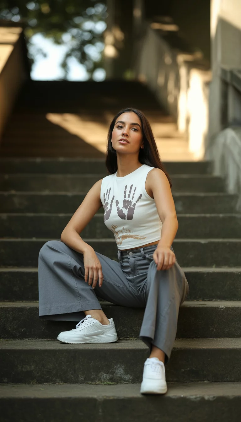 A beautiful 22-year-old woman in a white sleeveless crop top with hand prints, grey wide-leg jeans, and white sneakers, standing on a concrete staircase.