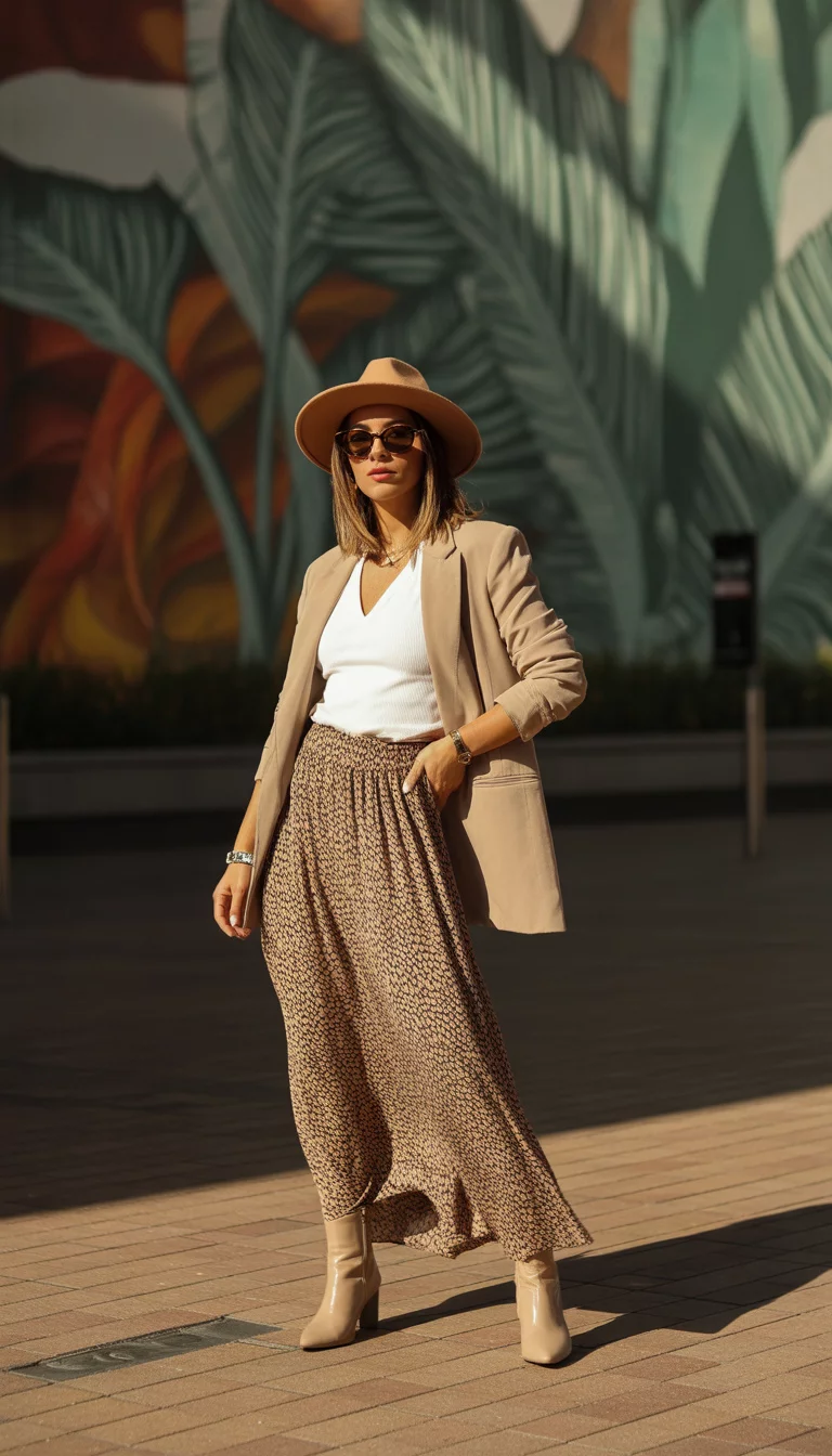 A beautiful 34-year-old woman in a tan fedora, sunglasses, a white top, a beige blazer, and a long patterned brown skirt with ankle boots, posing in an outdoor setting.