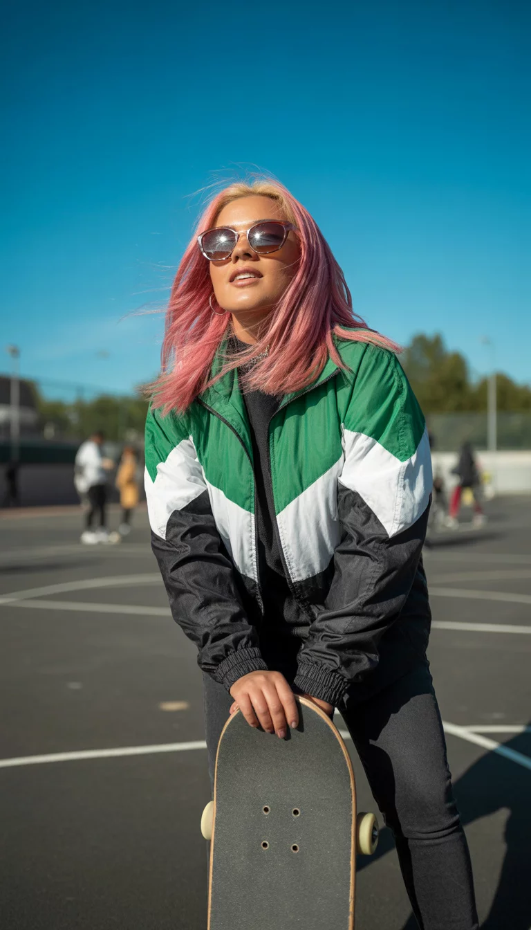 A beautiful 21-year-old woman with pink hair, wearing a green white and black windbreaker and sunglasses, holding a skateboard on a sunny outdoor court.