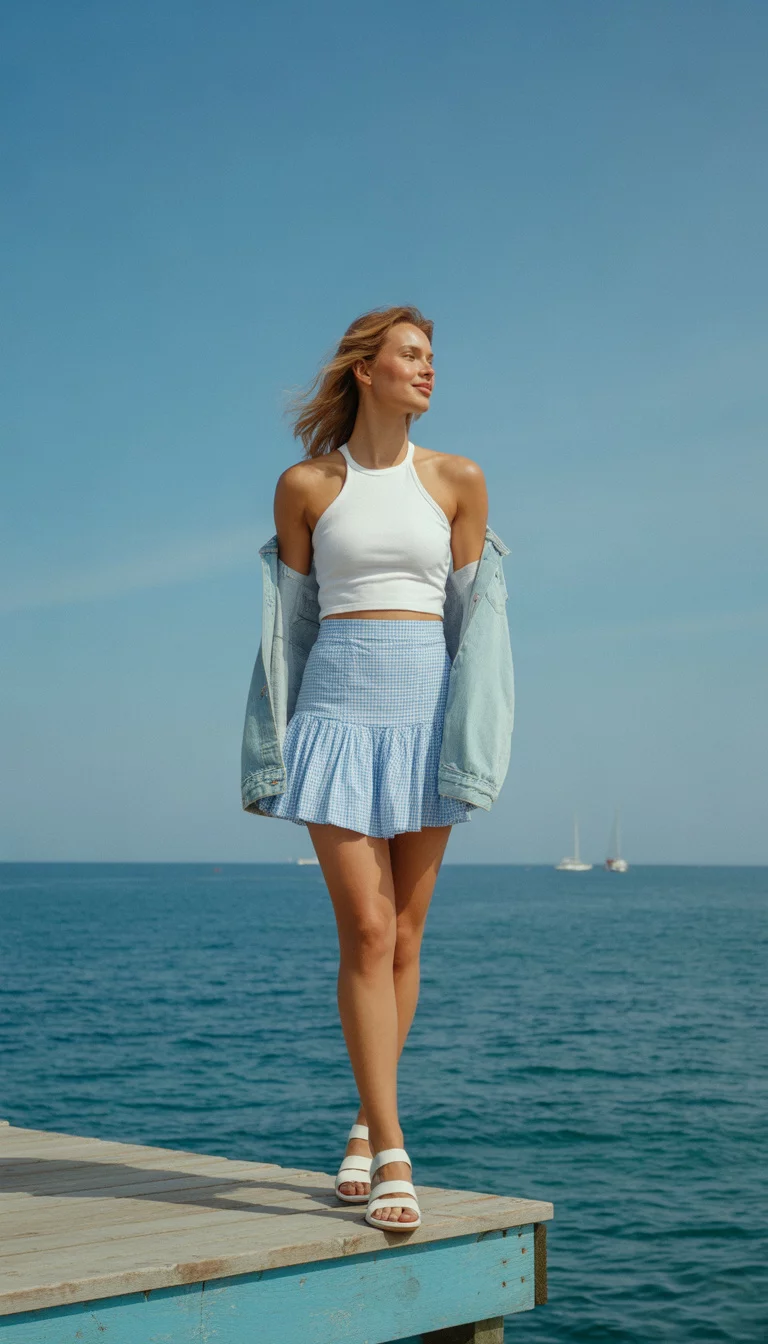 A beautiful 27-year-old woman in a white halter top, a denim jacket, a blue gingham mini skirt, and white sandals, standing on a platform by the sea.