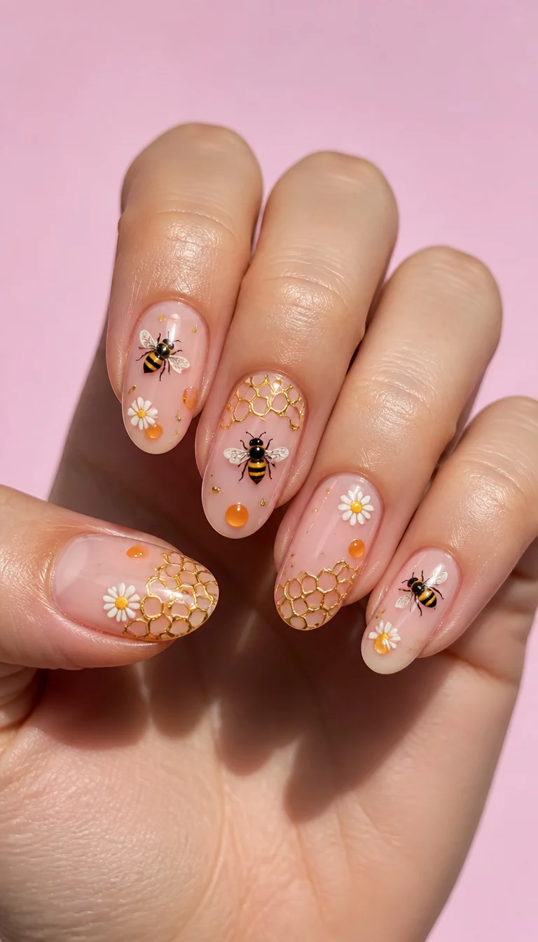 Honeycomb And Bee Fantasy close-up shot of a woman’s hand with five fingers showing oval nails with a delicate bee and honeycomb design including small daisies and droplets of orange polish, pale pink background.