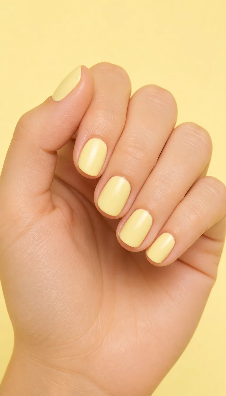 Monochromatic Pale Yellow Minimalist close-up shot of a woman’s hand with five fingers showing short rounded nails with a soft pale yellow polish, plain light yellow background for a monochromatic effect.