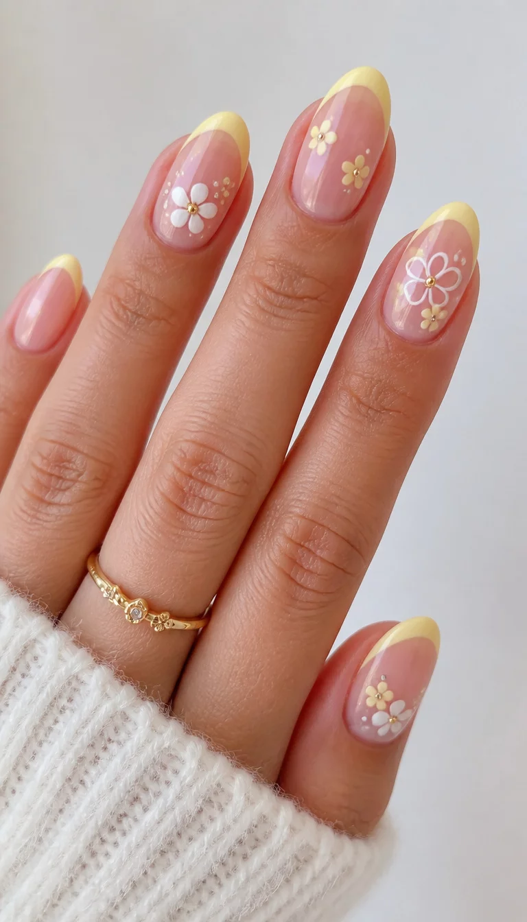 Petal Soft Pastel French close-up shot of a woman’s hand with five fingers showing oval-shaped nails with a French tip design in pastel yellow and delicate white and yellow flowers with small embellishments, light background.