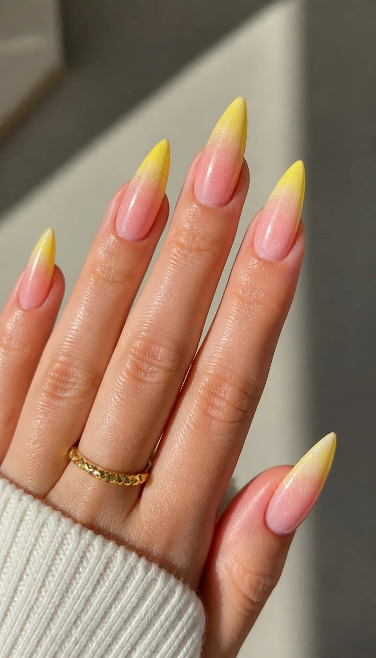 Pink To Yellow Shimmer Gradient close-up shot of a woman’s hand with five fingers showing stiletto nails with a gradient effect from a sheer pink base to a bright yellow tip and a subtle shimmer, golden ring on one finger.