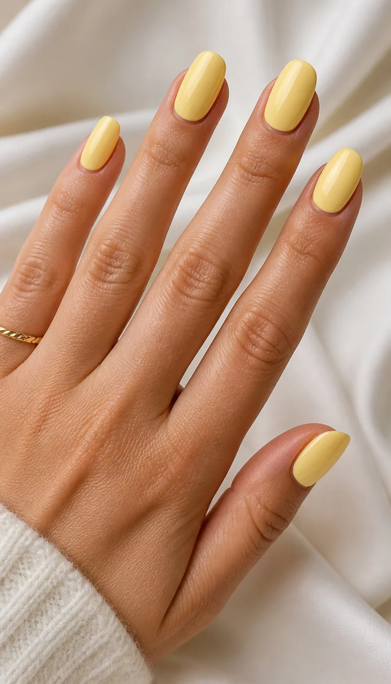 Buttery Glow Almond Satin close-up shot of a woman’s hand with five fingers showing medium almond-shaped nails in a warm buttery yellow polish, soft draped light-colored fabric background.