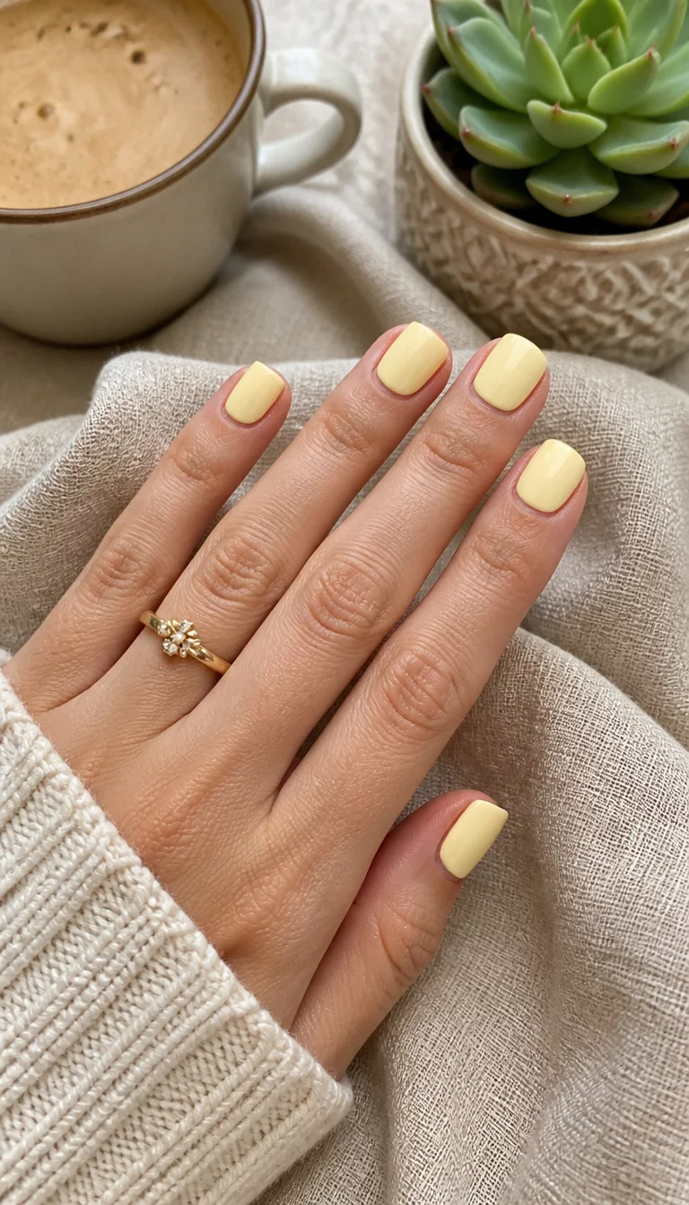 Quiet Luxury Pastel Square close-up shot of a woman’s hand with five fingers showing short square-shaped nails painted in a soft pastel yellow, hands resting on a textured linen cloth with a coffee cup and a succulent in the background.