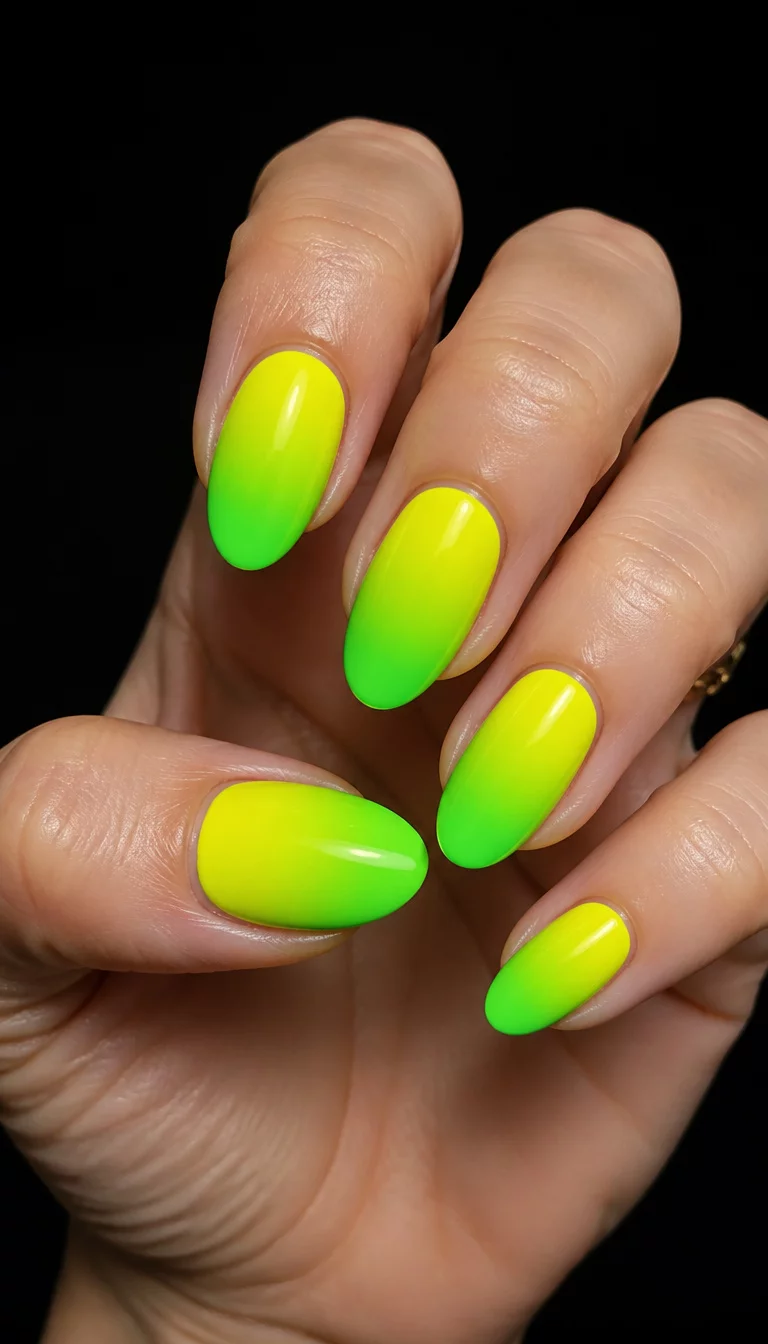 Neon Yellow To Green Fade close-up shot of a woman’s hand with five fingers showing oval-shaped nails with a neon yellow-to-green gradient color transition, dark background.