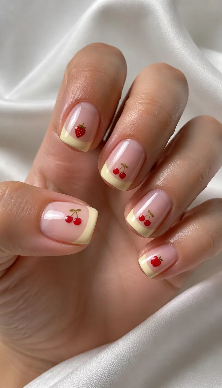 Fruity French Square Tips close-up shot of a woman’s hand with five fingers showing short square-cut French manicure with pale yellow tips and tiny red fruit designs on a clear base, white fabric background.
