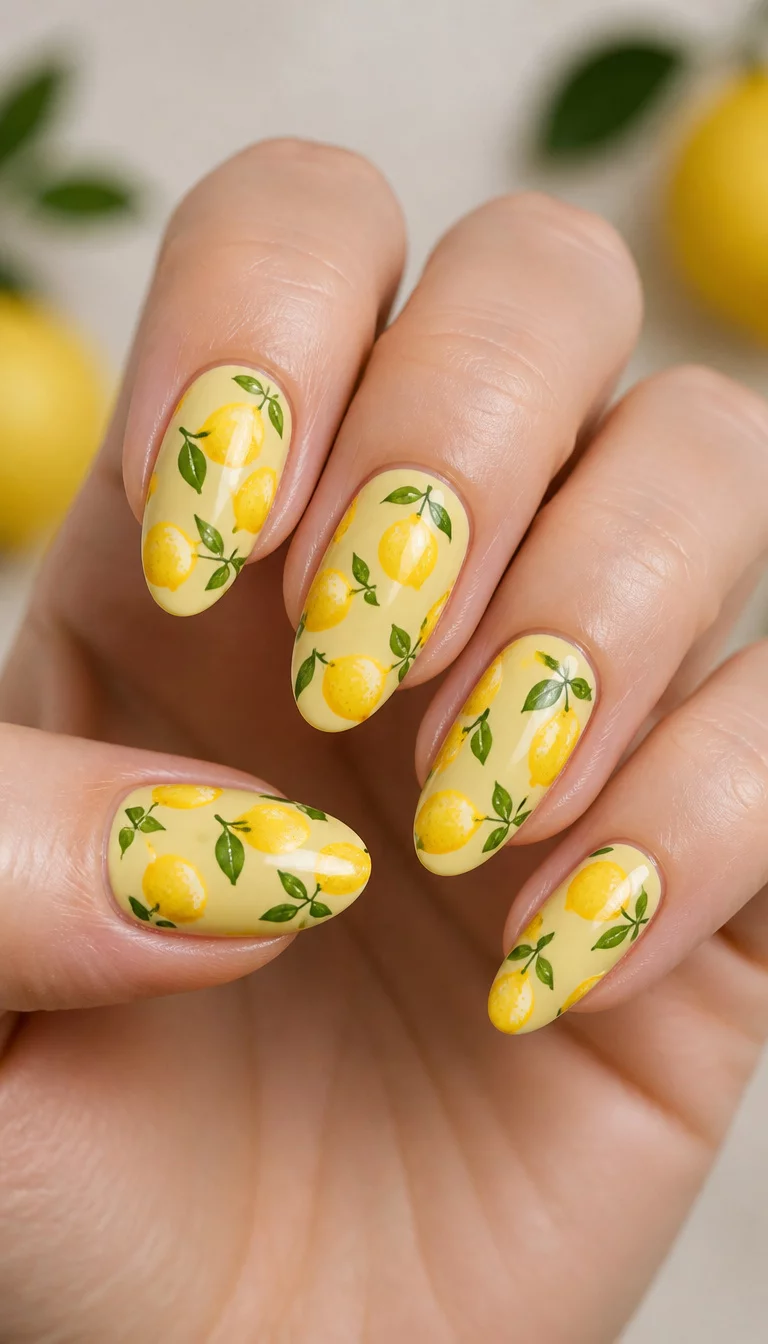 Repeating Lemon Pattern Perfection close-up shot of a woman’s hand with five fingers showing almond-shaped nails featuring a repeating pattern of yellow lemons with green leaves on a light yellow base.