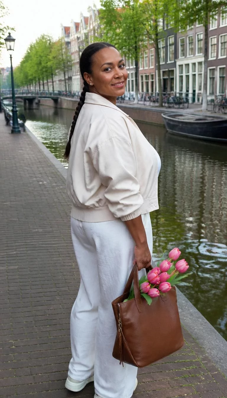 Loose Beige Jackets and Tulip Runs A photorealistic full body shot of a 34-year-old Afro-Caribbean woman with a round face, deep brown, straight nose, thin arched eyebrows, and thin lips. Her face features beauty mark near the lip, visible pores, and subtle natural facial asymmetry. She has almond-shaped blue eyes, rounded cheeks, broad smile, playful. She is athletic build with brunette hair in a braid and is wearing a loose beige jacket over a white top and white trousers, holding a large brown leather bag filled with pink tulips along a canal lane, no people in the background, high-quality mobile photography, shot on an iPhone 14.