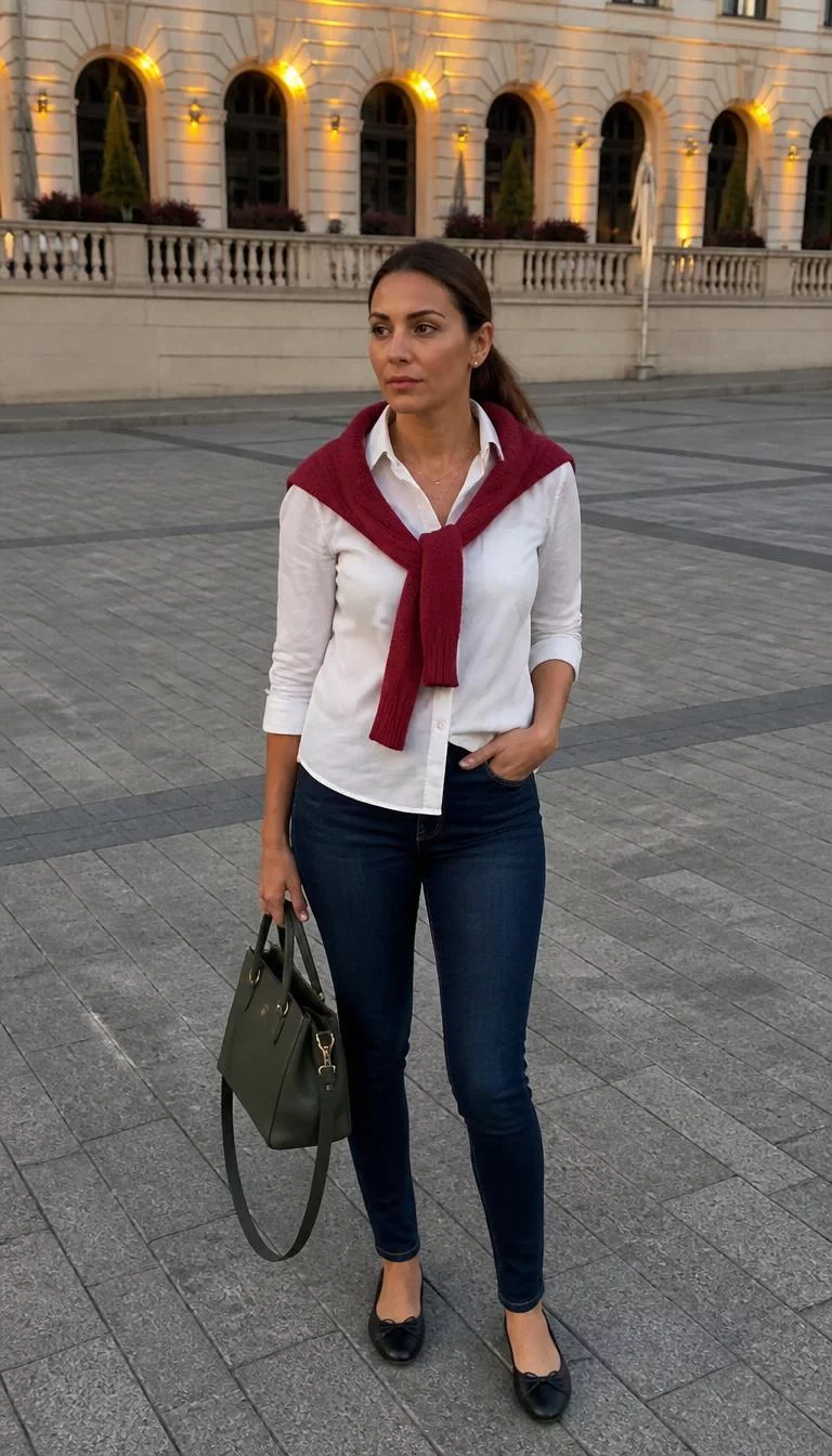 Ballet Flats and Draped Sweaters A photorealistic full body shot of a 36-year-old Eastern European woman with a square face, tan, upturned nose, thin arched eyebrows, and full lips. Her face features small scar on the eyebrow, faint under-eye shadows, and subtle natural facial asymmetry. She has downturned amber eyes, high cheekbones, neutral expression, thoughtful. She is curvy build with brunette hair in a low ponytail and is wearing a white blouse, dark blue jeans, a reddish sweater draped on her shoulders, and black ballet flats, holding a green bag in a plaza, no people in the background, high-quality mobile photography, shot on an iPhone 14.