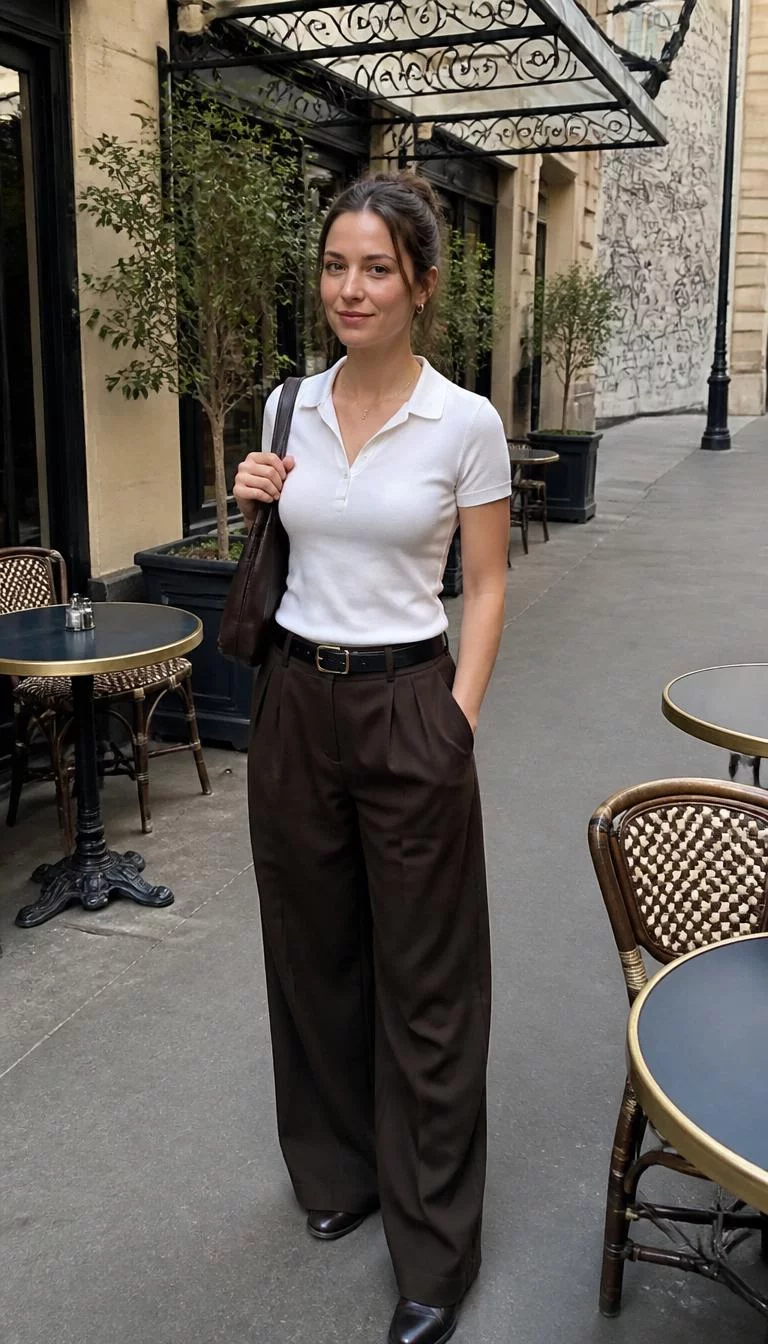 White Polo Shirt And Wide Leg Trousers A photorealistic full body shot of a 33-year-old Northern European woman with a oblong face, golden brown, broad nose, feathered eyebrows, and heart-shaped lips. Her face features dimples, visible pores, and subtle natural facial asymmetry. She has round green eyes, soft cheekbones, neutral expression, confident. She is athletic build with brunette hair in an updo and is wearing a white polo shirt, dark brown wide-leg trousers, a black leather belt, and she carries a dark brown leather bag, standing outside a Parisian-style café setting, no people in the background, high-quality mobile photography, shot on an iPhone 14.