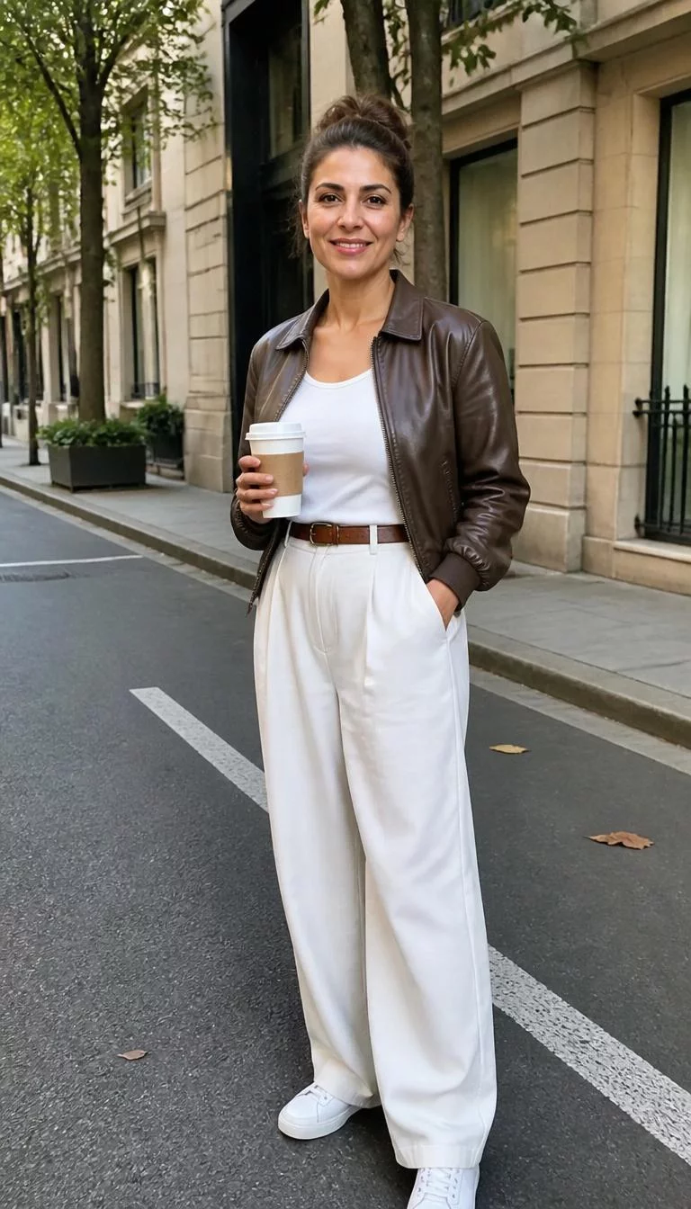 Leather Bomber Jacket and White Trousers A photorealistic full body shot of a 44-year-old Middle Eastern woman with a oblong face, deep brown, straight nose, feathered eyebrows, and full lips. Her face features widow's peak hairline, slightly flushed cheeks, and subtle natural facial asymmetry. She has monolid amber eyes, pronounced cheekbones, broad smile, relaxed. She is average build with brunette hair in an updo and is wearing a brown leather bomber jacket, white top, white wide-leg trousers, a brown leather belt, and white sneakers, holding a coffee on a street, no people in the background, high-quality mobile photography, shot on an iPhone 14.