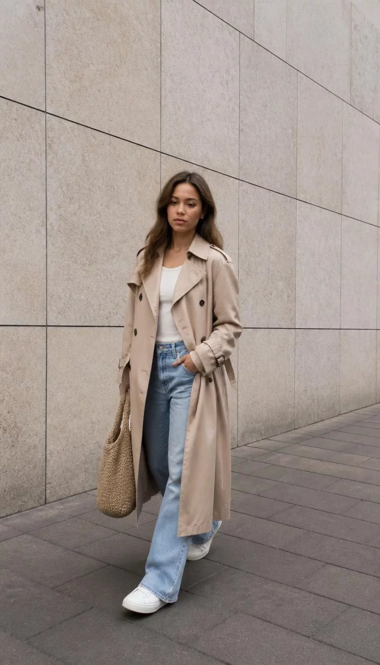 Beige Trench Coat and Light Wash Denim A photorealistic full body shot of a 23-year-old Mixed-race woman with a square face, deep brown, button nose, straight eyebrows, and thin lips. Her face features beauty mark near the lip, subtle acne marks, and subtle natural facial asymmetry. She has downturned dark brown eyes, rounded cheeks, neutral expression, relaxed. She is slim with brown hair hair and is wearing a beige trench coat, light blue jeans, white sneakers, and she carries a beige woven bag, walking outdoors near a tall tiled wall, no people in the background, high-quality mobile photography, shot on an iPhone 14.