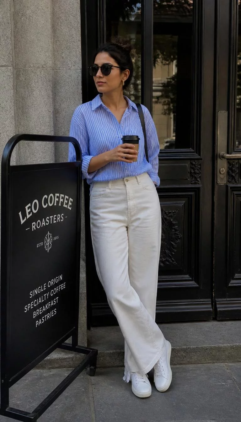 Top Knot and Coffee Runs A photorealistic full body shot of a 31-year-old South Asian woman with a heart-shaped face, deep brown, broad nose, softly curved eyebrows, and thin lips. Her face features uneven eyebrows, subtle acne marks, and subtle natural facial asymmetry. She has upturned dark brown eyes, high cheekbones, subtle smile, thoughtful. She is slim with brunette top knot hair and is wearing a blue striped shirt, white trousers, white sneakers, and dark sunglasses, holding a coffee cup by a cafe sign, no people in the background, high-quality mobile photography, shot on an iPhone 14.