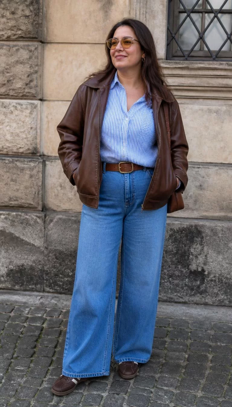 Leather Jackets and Wide Leg Denim A photorealistic full body shot of a 47-year-old Mediterranean woman with a round face, fair, broad nose, thin arched eyebrows, and full lips. Her face features uneven eyebrows, visible pores, and subtle natural facial asymmetry. She has hooded blue eyes, rounded cheeks, closed-mouth smile, playful. She is curvy build with brunette hair and is wearing a brown leather jacket, blue-striped shirt, wide-leg jeans, dark brown sneakers, yellow-tinted sunglasses, and a leather belt, no people in the background, high-quality mobile photography, shot on an iPhone 14.