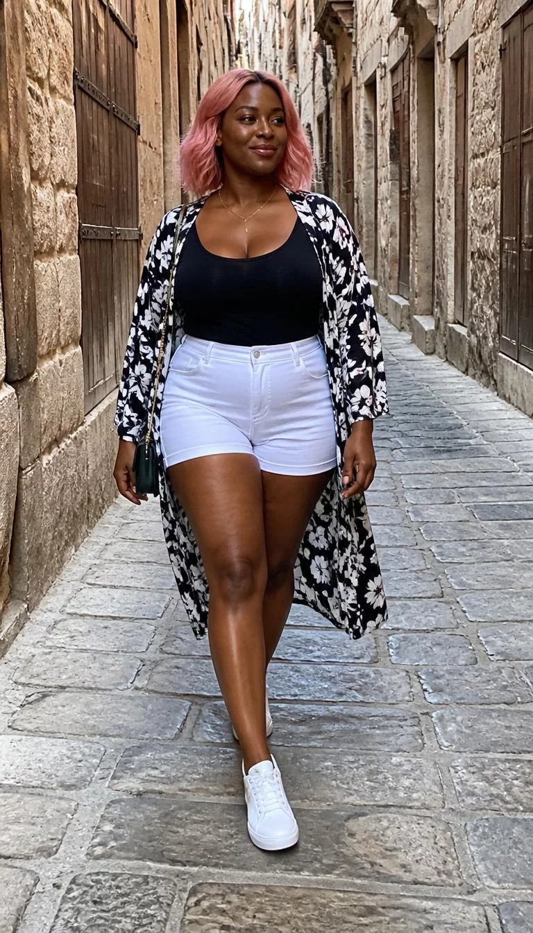 A photorealistic full body shot of a 30-year-old Black African woman with a pear-shaped face, deep brown, button nose, straight eyebrows, and wide lips. Her face features slightly crooked smile, slightly flushed cheeks, and subtle natural facial asymmetry. She has deep-set amber eyes, pronounced cheekbones, closed-mouth smile, cheerful. She is curvy build with pink-toned hair and is wearing a black top, white shorts, and a long black-and-white floral kimono, walking through a narrow historic street with stone walls and wooden doors, no people in the background, high-quality mobile photography, shot on an iPhone 14.