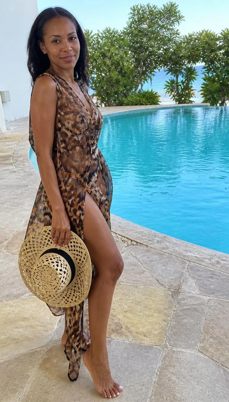 A photorealistic full body shot of a 37-year-old Afro-Caribbean woman with a heart-shaped face, deep brown, aquiline nose, thin arched eyebrows, and thin lips. Her face features gap between front teeth, light freckles, and subtle natural facial asymmetry. She has round brown eyes, pronounced cheekbones, subtle smile, thoughtful. She is slim with dark shoulder-length hair and is wearing a semi-sheer, sleeveless cover-up with a brown and black abstract animal print, holding a matching straw hat, by a blue pool, no people in the background, high-quality mobile photography, shot on an iPhone 14.