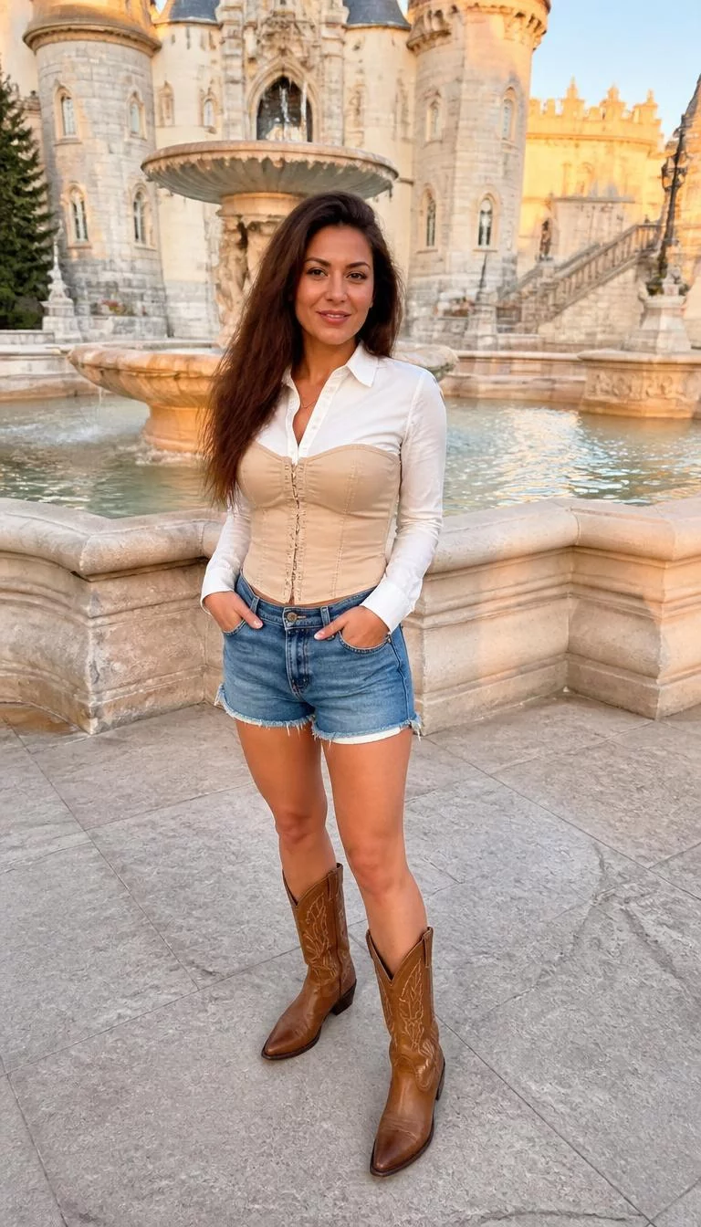 A photorealistic full body shot of a 38-year-old Southern European woman with a square face, dark brown, narrow nose, thick natural eyebrows, and full lips. Her face features small scar on the eyebrow, slightly flushed cheeks, and subtle natural facial asymmetry. She has hooded amber eyes, high cheekbones, subtle smile, playful. She is petite with brunette hair and is wearing a white button-down and a beige corset top paired with denim shorts and brown cowboy boots, fairytale-style castle and fountain background, no people in the background, high-quality mobile photography, shot on an iPhone 14.