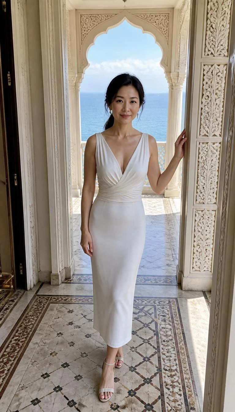 A photorealistic full body shot of a 45-year-old East Asian woman with a heart-shaped face, golden brown, upturned nose, thin arched eyebrows, and full lips. Her face features faint freckles across the nose, faint under-eye shadows, and subtle natural facial asymmetry. She has downturned green eyes, soft cheekbones, closed-mouth smile, confident. She is slim with dark hair and is wearing a white dress, standing framed by a grand, ornate white archway leading to a view of the sea, no people in the background, high-quality mobile photography, shot on an iPhone 14.