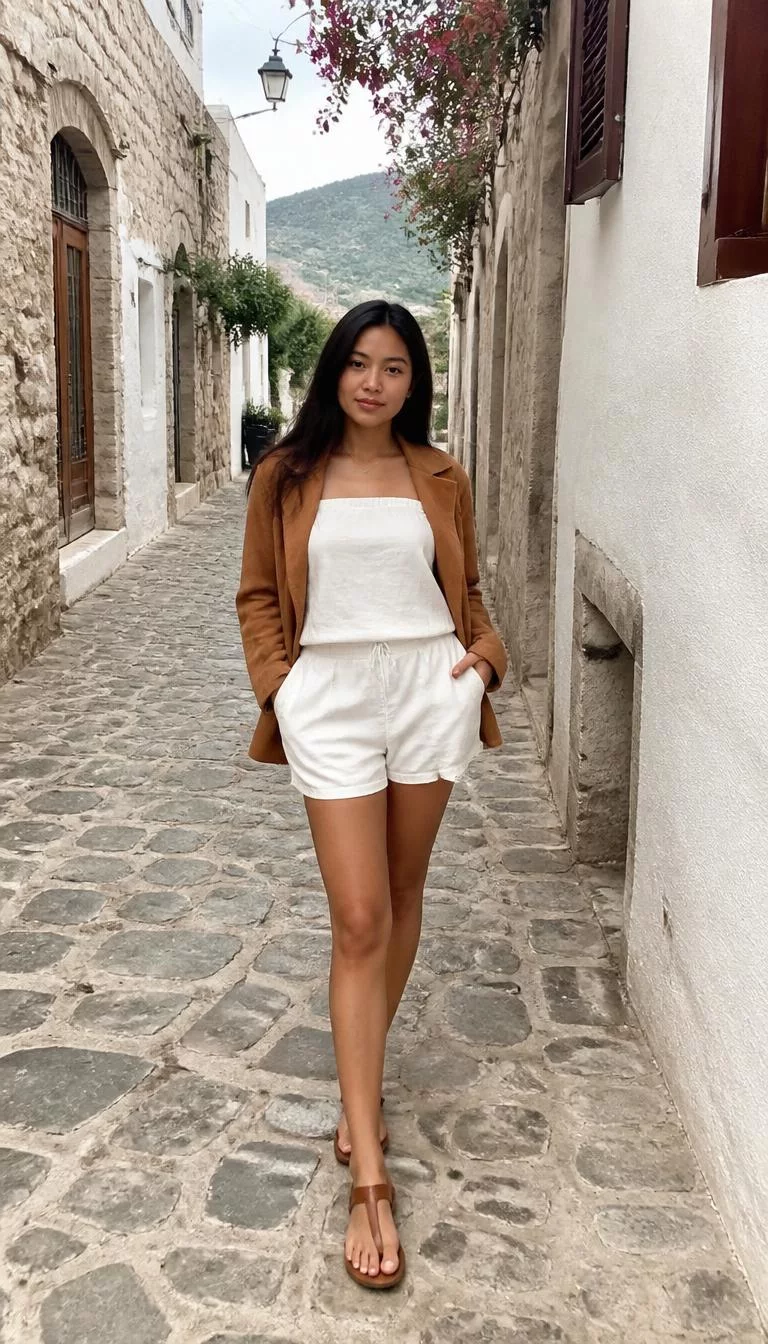A photorealistic full body shot of a 24-year-old Southeast Asian woman with a heart-shaped face, deep brown, narrow nose, thin arched eyebrows, and wide lips. Her face features slightly crooked smile, subtle acne marks, and subtle natural facial asymmetry. She has downturned hazel eyes, soft cheekbones, neutral expression, playful. She is slim with black hair and is wearing a white linen set consisting of a top and shorts with a tan suede jacket, Mediterranean village background, no people in the background, high-quality mobile photography, shot on an iPhone 14.