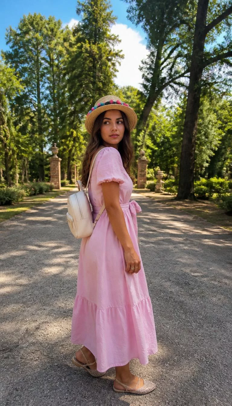 A photorealistic full body shot of a 30-year-old Mediterranean woman with a diamond face, golden brown, button nose, feathered eyebrows, and full lips. Her face features faint freckles across the nose, slightly flushed cheeks, and subtle natural facial asymmetry. She has downturned hazel eyes, soft cheekbones, neutral expression, thoughtful. She is petite with brown hair and is wearing a light pink dress with a sash, a straw boater hat decorated with colorful pom-poms, and a small white backpack in an outdoor park setting, no people in the background, high-quality mobile photography, shot on an iPhone 14.