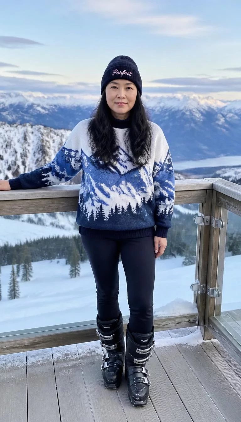 Mountain Patterned Sweater And Beanie A photorealistic full body shot of a 46-year-old East Asian woman with a heart-shaped face, olive, straight nose, softly curved eyebrows, and heart-shaped lips. Her face features slightly crooked smile, faint under-eye shadows, and subtle natural facial asymmetry. She has deep-set green eyes, rounded cheeks, closed-mouth smile, thoughtful. She is athletic build with black long hair and is wearing a