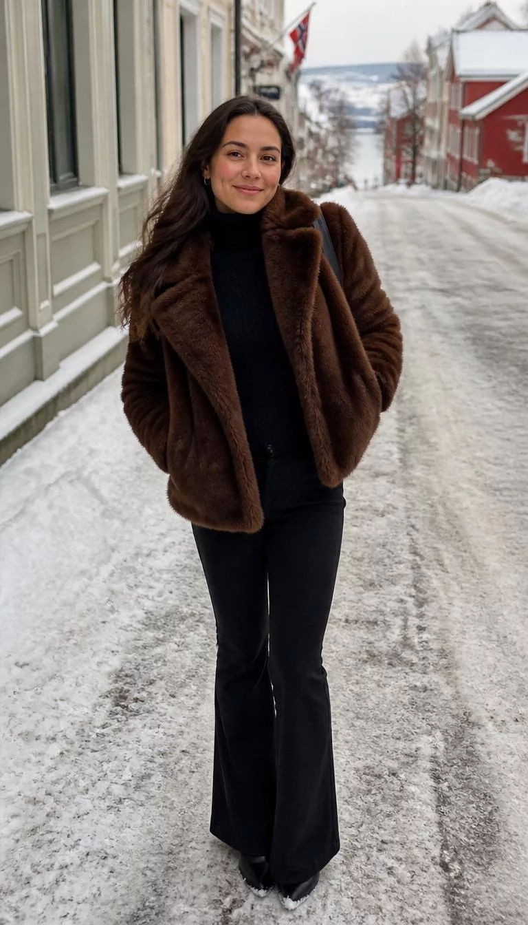 Brown Faux Fur And Black Knit A photorealistic full body shot of a 23-year-old Northern European woman with a square face, olive, broad nose, feathered eyebrows, and heart-shaped lips. Her face features dimples, visible pores, and subtle natural facial asymmetry. She has round amber eyes, soft cheekbones, closed-mouth smile, playful. She is slim with brown long dark wavy hair and is wearing a brown faux fur coat, a black turtleneck sweater, and black pants, snowy town sidewalk, no people in the background, high-quality mobile photography, shot on an iPhone 14.