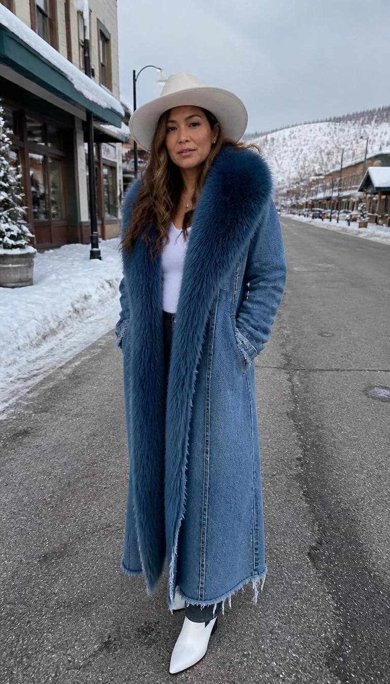 Blue Denim Duster And Fur Collar A photorealistic full body shot of a 39-year-old Middle Eastern woman with a oblong face, light, broad nose, thin arched eyebrows, and full lips. Her face features uneven eyebrows, visible pores, and subtle natural facial asymmetry. She has monolid hazel eyes, soft cheekbones, neutral expression, confident. She is average build with brown hair and is wearing a white western-style hat, white top, and a long blue denim duster coat with a large blue fur collar, snowy town street, no people in the background, high-quality mobile photography, shot on an iPhone 14.