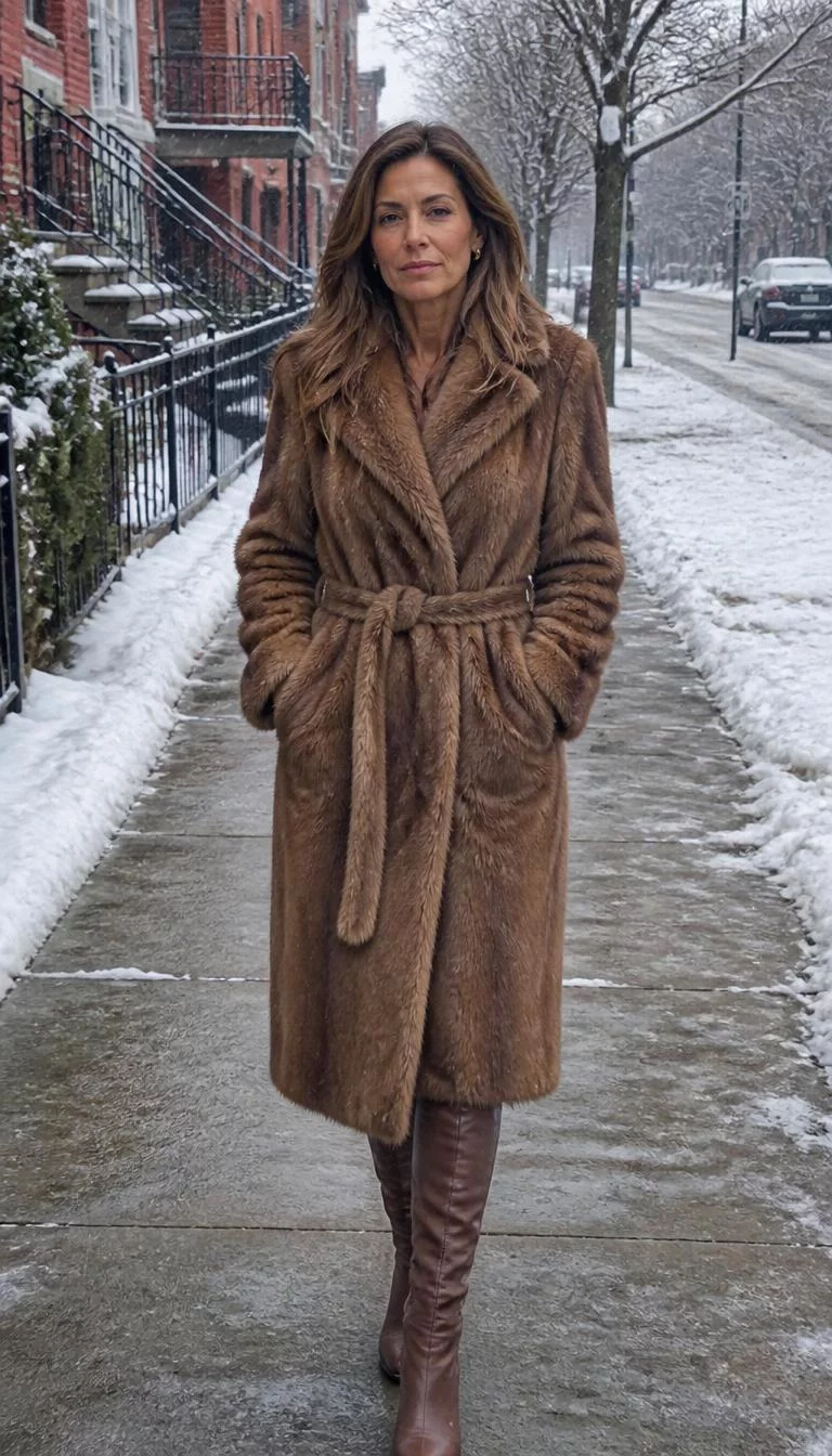 Fur Coats And Tall Leather Boots A photorealistic full body shot of a 48-year-old Middle Eastern woman with a pear-shaped face, golden brown, aquiline nose, feathered eyebrows, and thin lips. Her face features uneven eyebrows, visible pores, and subtle natural facial asymmetry. She has deep-set hazel eyes, high cheekbones, neutral expression, relaxed. She is slim with brown long layered hair and is wearing a brown fur coat and tall leather boots, urban snowy street, no people in the background, high-quality mobile photography, shot on an iPhone 14.