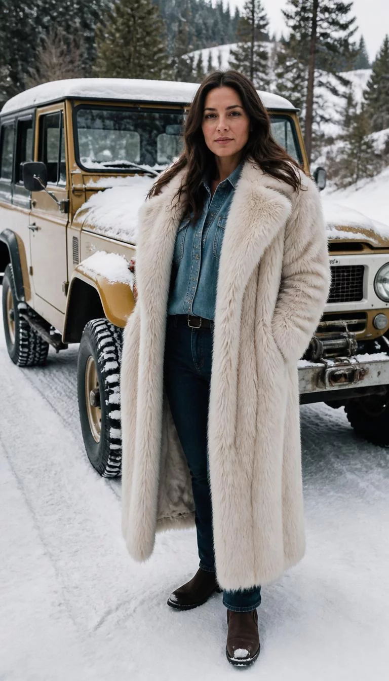 Cream Fur And Denim Layers A photorealistic full body shot of a 35-year-old Eastern European woman with a square face, fair, narrow nose, thin arched eyebrows, and full lips. Her face features uneven eyebrows, a few laugh lines, and subtle natural facial asymmetry. She has upturned brown eyes, soft cheekbones, neutral expression, relaxed. She is petite with brown long layered wavy hair and is wearing a long cream fur coat, denim button-up, and dark jeans, vintage yellow off-road vehicle in snow background, no people in the background, high-quality mobile photography, shot on an iPhone 14.
