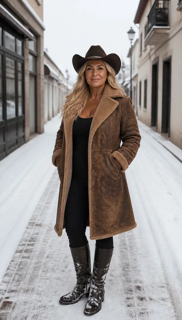 Brown Shearling And Tall Boots A photorealistic full body shot of a 47-year-old Southern European woman with a pear-shaped face, tan, narrow nose, thin arched eyebrows, and wide lips. Her face features gap between front teeth, faint under-eye shadows, and subtle natural facial asymmetry. She has hooded green eyes, pronounced cheekbones, subtle smile, thoughtful. She is curvy build with blonde wavy hair and is wearing a brown cowboy hat, a long brown shearling-lined coat, black leggings, and tall dark boots, snowy street, no people in the background, high-quality mobile photography, shot on an iPhone 14.
