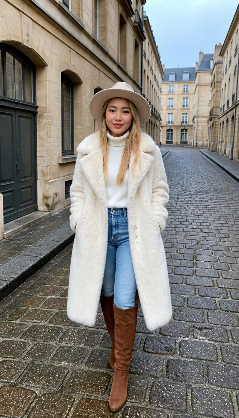 White Faux Fur And Suede Boots A photorealistic full body shot of a 33-year-old East Asian woman with a oblong face, fair, broad nose, softly curved eyebrows, and thin lips. Her face features faint freckles across the nose, a few laugh lines, and subtle natural facial asymmetry. She has round brown eyes, pronounced cheekbones, subtle smile, cheerful. She is petite with blonde long straight hair and is wearing a cream-colored hat, white turtleneck, a long white faux fur coat, light blue jeans, and tall brown suede boots, town setting, no people in the background, high-quality mobile photography, shot on an iPhone 14.