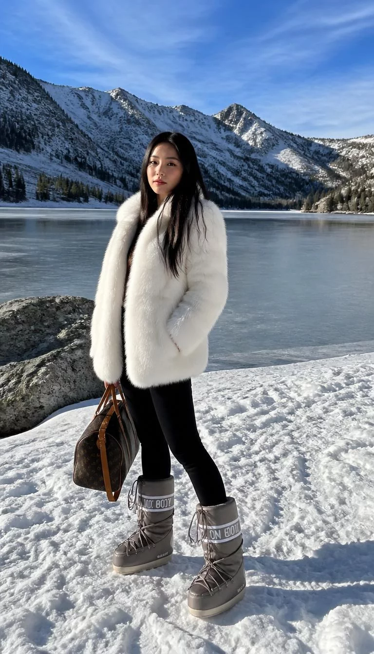 White Fur And Luxury Handbags A photorealistic full body shot of a 33-year-old Southeast Asian woman with a oblong face, fair, upturned nose, softly curved eyebrows, and thin lips. Her face features dimples, slightly flushed cheeks, and subtle natural facial asymmetry. She has monolid amber eyes, pronounced cheekbones, neutral expression, thoughtful. She is athletic build with black long hair and is wearing a luxurious white fur coat, black leggings, moon boots, and she carries a brown luxury handbag, bright mountain background, no people in the background, high-quality mobile photography, shot on an iPhone 14.
