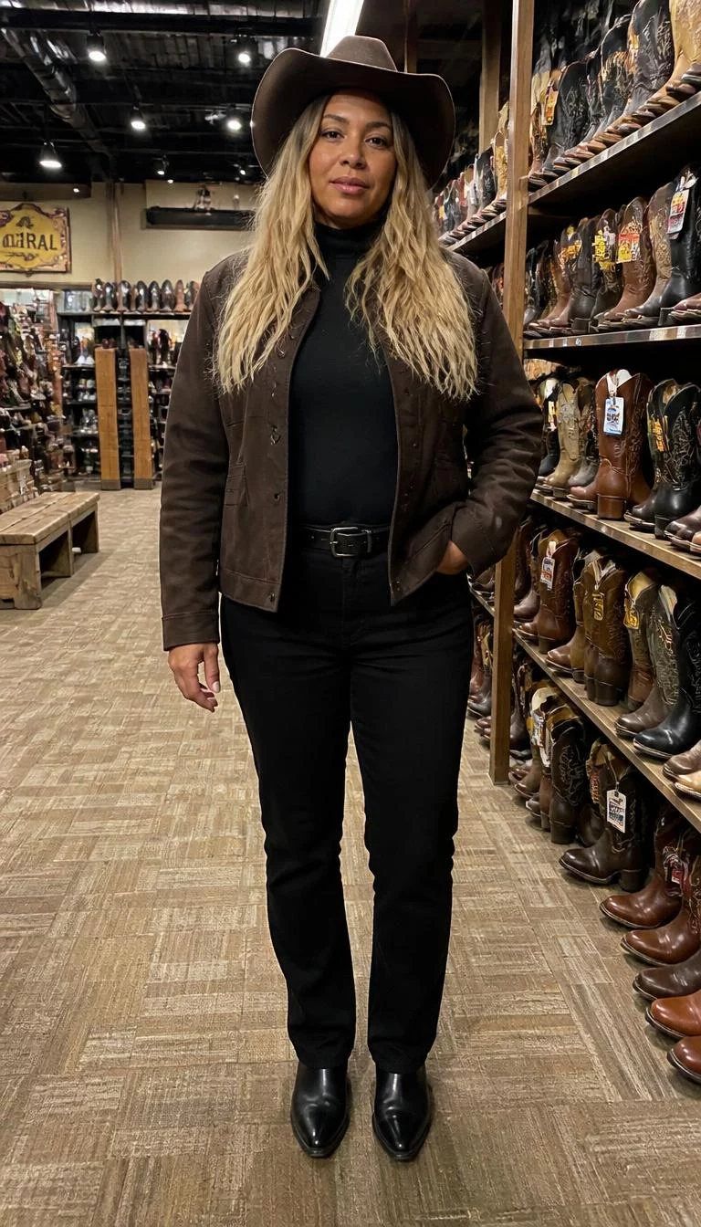 Brown Cowboy Hat And Dark Jacket A photorealistic full body shot of a 48-year-old Mixed-race woman with a square face, fair, upturned nose, straight eyebrows, and full lips. Her face features gap between front teeth, subtle acne marks, and subtle natural facial asymmetry. She has upturned hazel eyes, soft cheekbones, neutral expression, relaxed. She is average build with blonde long wavy hair and is wearing a brown cowboy hat, dark brown jacket, black turtleneck, black pants, and a black belt, boot store background, no people in the background, high-quality mobile photography, shot on an iPhone 14.