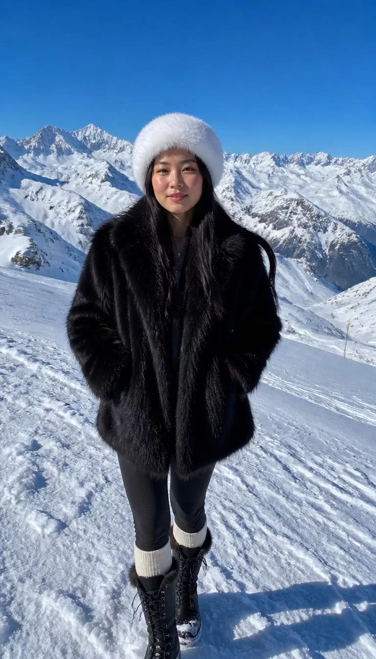 Coordinated Group Winter Style A photorealistic full body shot of a 24-year-old East Asian woman with a square face, dark brown, broad nose, softly curved eyebrows, and full lips. Her face features beauty mark near the lip, visible pores, and subtle natural facial asymmetry. She has monolid green eyes, soft cheekbones, subtle smile, cheerful. She is athletic build with black long hair and is wearing a black faux fur coat and white hat, sunny snowy mountain background, no people in the background, high-quality mobile photography, shot on an iPhone 14.