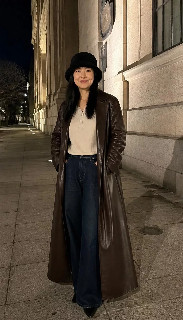 Leather Coat And Fuzzy Bucket Hat A photorealistic full body shot of a 49-year-old East Asian woman with a diamond face, dark brown, upturned nose, straight eyebrows, and wide lips. Her face features dimples, faint under-eye shadows, and subtle natural facial asymmetry. She has downturned dark brown eyes, high cheekbones, broad smile, cheerful. She is average build with black long sleek hair and is wearing a black fuzzy bucket hat, beige henley top, dark wide-leg jeans, and a dark brown floor-length leather coat at night, no people in the background, high-quality mobile photography, shot on an iPhone 14.