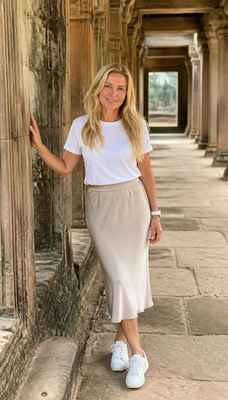 Casual T-Shirt and Neutral Midi Skirt A photorealistic full body shot of a 49-year-old Eastern European woman with a pear-shaped face, light, broad nose, straight eyebrows, and wide lips. Her face features slightly crooked smile, slightly flushed cheeks, and subtle natural facial asymmetry. She has downturned blue eyes, soft cheekbones, closed-mouth smile, cheerful. She is slim with long blonde wavy hair worn loose and is wearing a simple white crew-neck t-shirt tucked into a neutral-toned midi skirt, paired with sneakers, at an ancient site, no people in the background, high-quality mobile photography, shot on an iPhone 14.