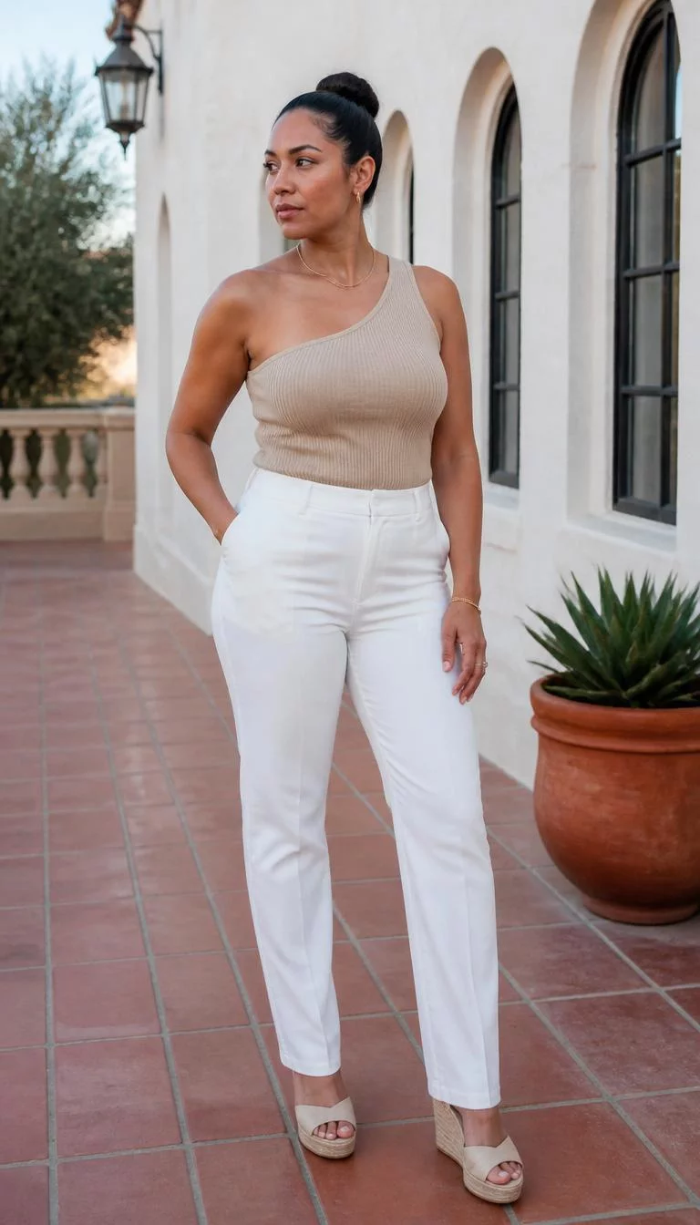 One Shoulder Knit Top and White Wedges A photorealistic full body shot of a 36-year-old Mixed-race woman with a square face, deep brown, broad nose, feathered eyebrows, and thin lips. Her face features dimples, slightly flushed cheeks, and subtle natural facial asymmetry. She has monolid dark brown eyes, high cheekbones, neutral expression, thoughtful. She is curvy build with dark hair in a sleek high bun and is wearing a beige one-shoulder knit top and fitted white trousers, accessorized with gold jewelry and classic wedges, no people in the background, high-quality mobile photography, shot on an iPhone 14.