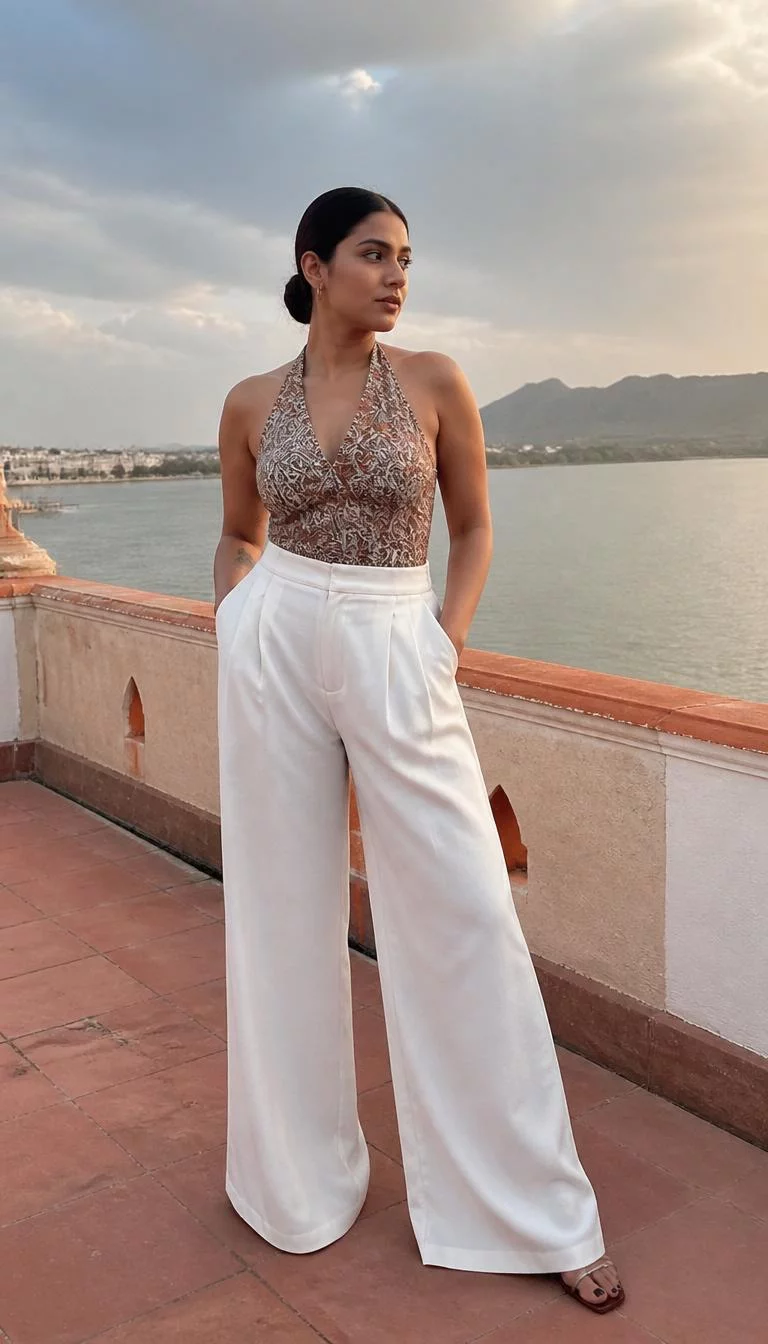 Paisley Halter and White Wide Leg Pants A photorealistic full body shot of a 28-year-old South Asian woman with a oblong face, golden brown, narrow nose, thin arched eyebrows, and wide lips. Her face features beauty mark near the lip, faint under-eye shadows, and subtle natural facial asymmetry. She has deep-set blue eyes, soft cheekbones, neutral expression, thoughtful. She is curvy build with dark hair in a sleek low bun and is wearing a brown paisley-patterned halter top with high-waisted white wide-leg trousers, on a scenic outdoor terrace, no people in the background, high-quality mobile photography, shot on an iPhone 14.