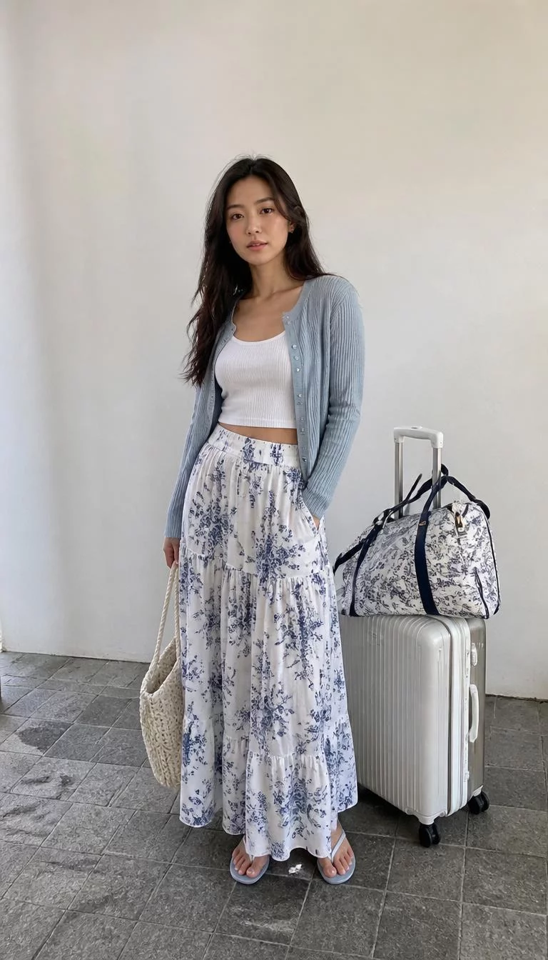 A photorealistic full body shot of a 30-year-old East Asian woman with a diamond face, tan, narrow nose, thick natural eyebrows, and thin lips. Her face features uneven eyebrows, light freckles, and subtle natural facial asymmetry. She has downturned green eyes, pronounced cheekbones, neutral expression, confident. She is slim with [hair_color] [hairstyle] hair and is wearing a mix of various printed dresses, knit sweaters, skirts, tops, sandals, swimsuits, and suitcases in a mix of blue and white, no people in the background, high-quality mobile photography, shot on an iPhone 14.